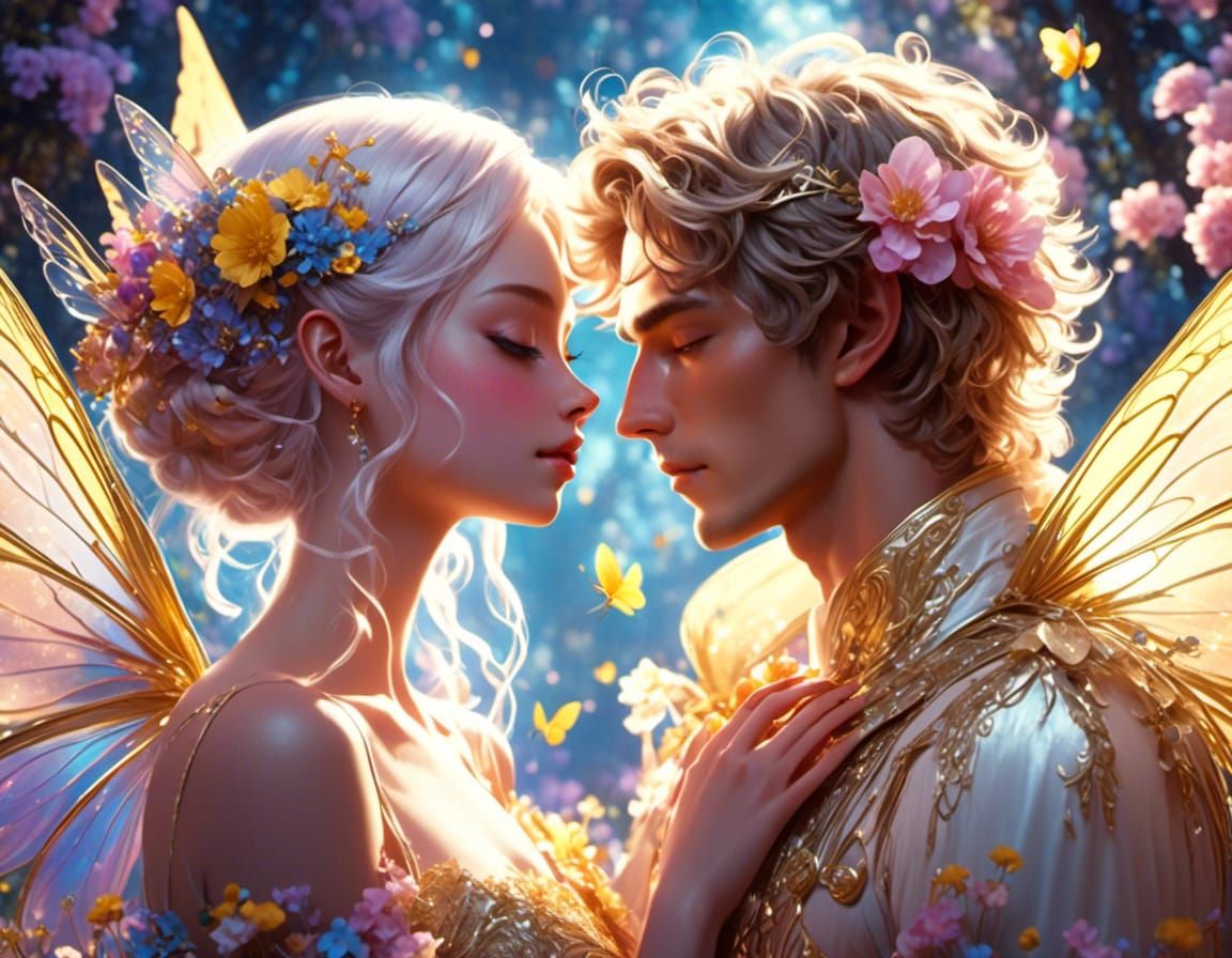 Fairy Couple Kissing in a Magical Flowerfield