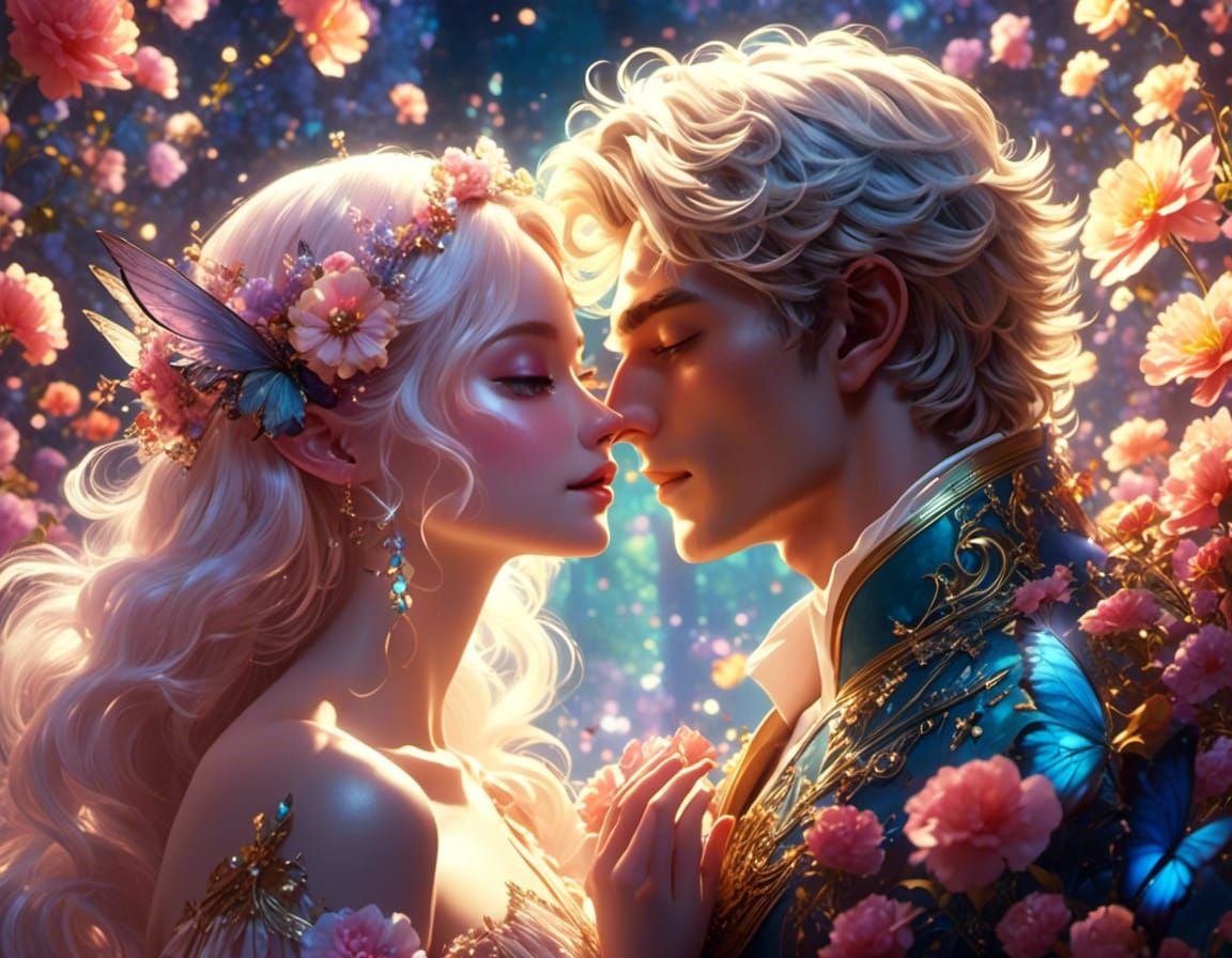 Fairy Couple Kissing in Flower Field Animation