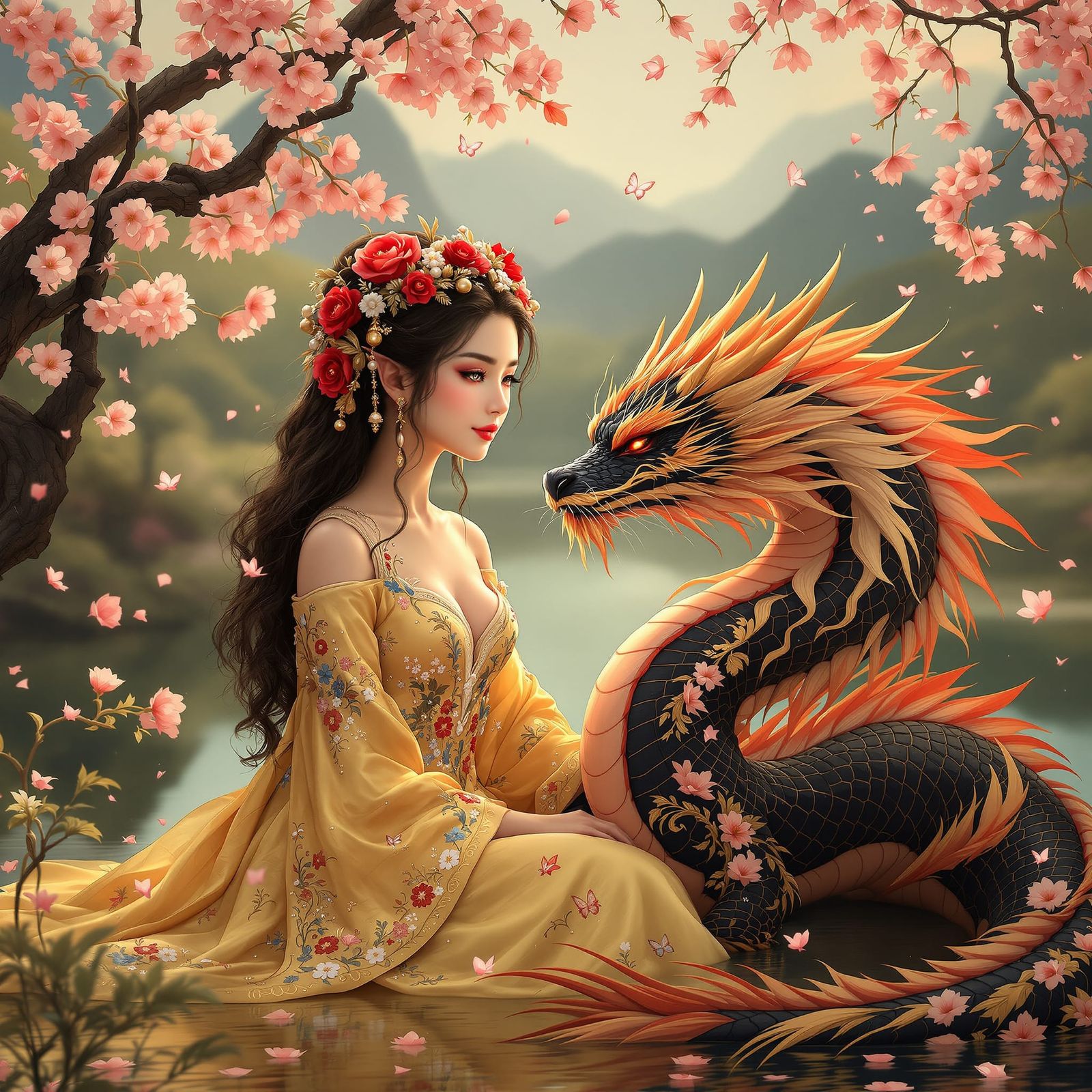 Mystical Dragon and Woman by Pond in Fantasy Garden