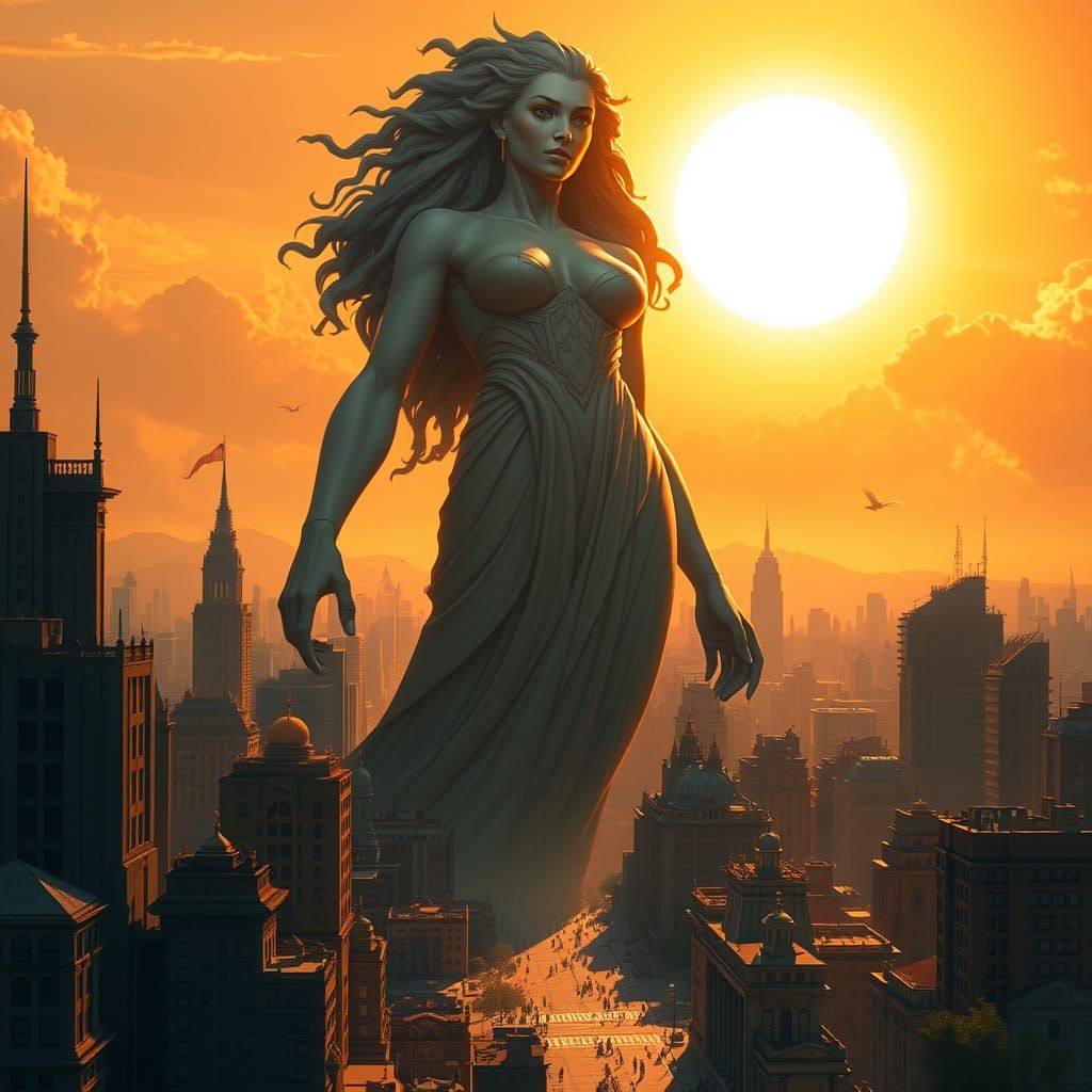 Colossal Woman Over Miniature Cityscape at Sunset