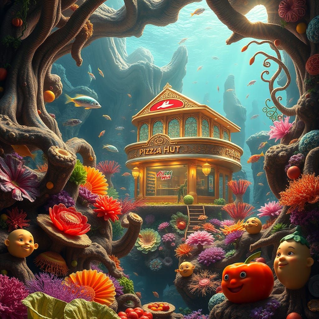 Coral Reef Pizza Hut in a Surreal Garden of Heaven