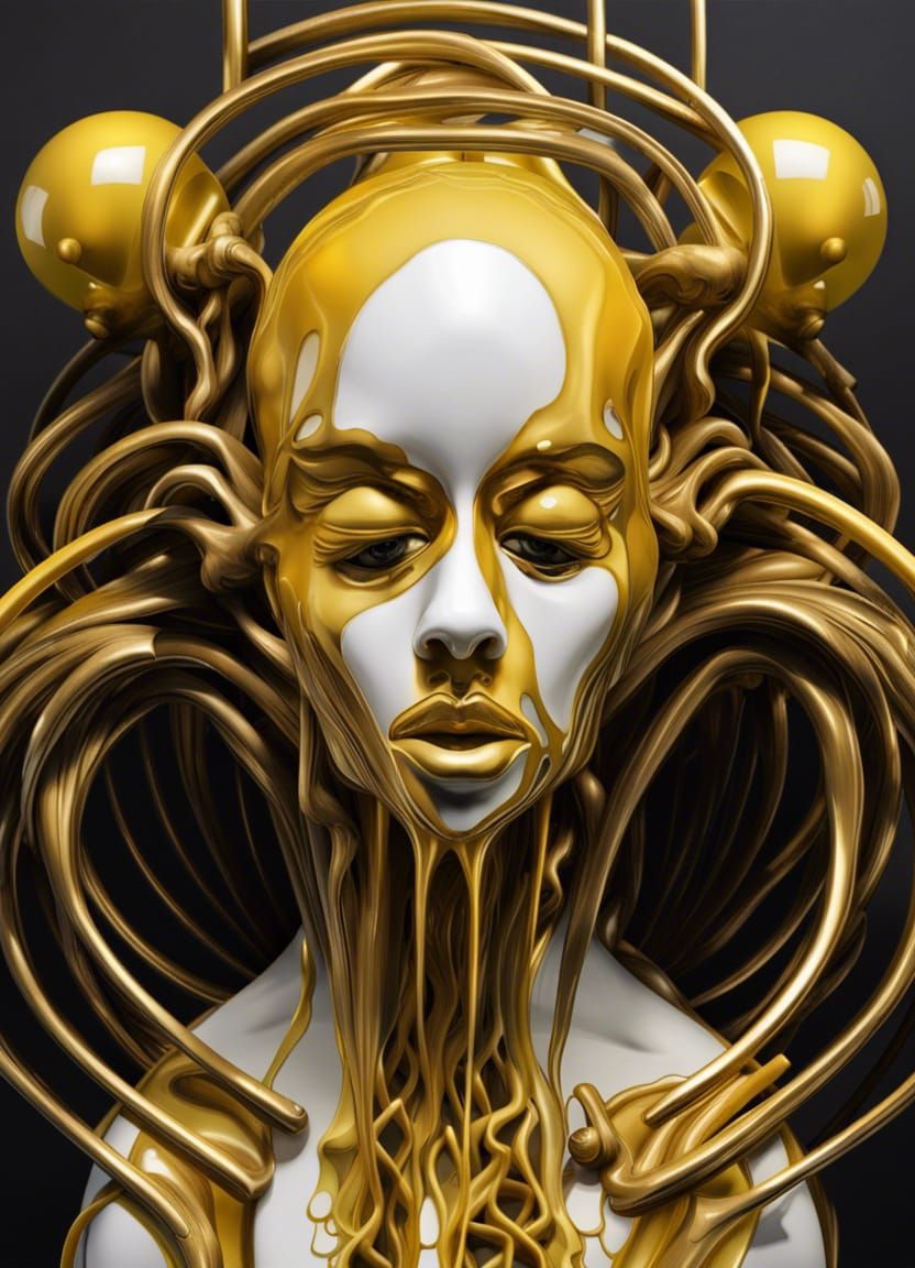 Surreal Dripcore Face Sculpture with Gold Rings