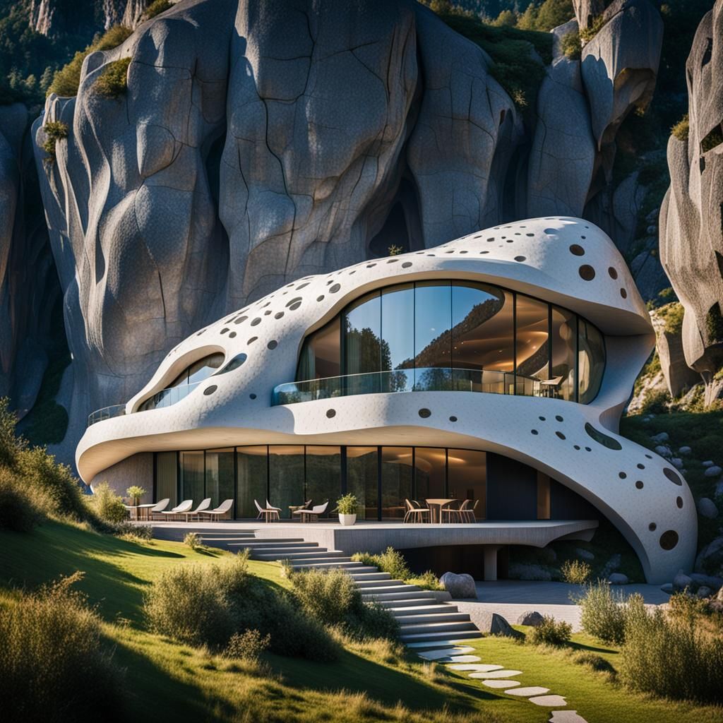 Biomorphic Building in Mountain Cave with Bokeh