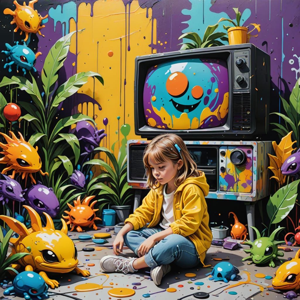 Little Girl Surrounded by Magical Garden Creatures in Vibran...