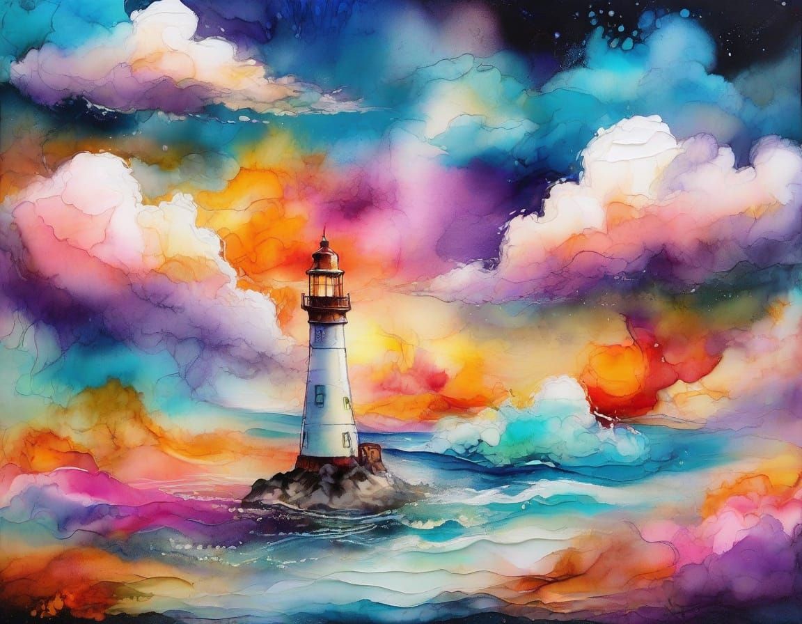 Lighthouse Sunset with Melting Clouds in Alcohol Ink