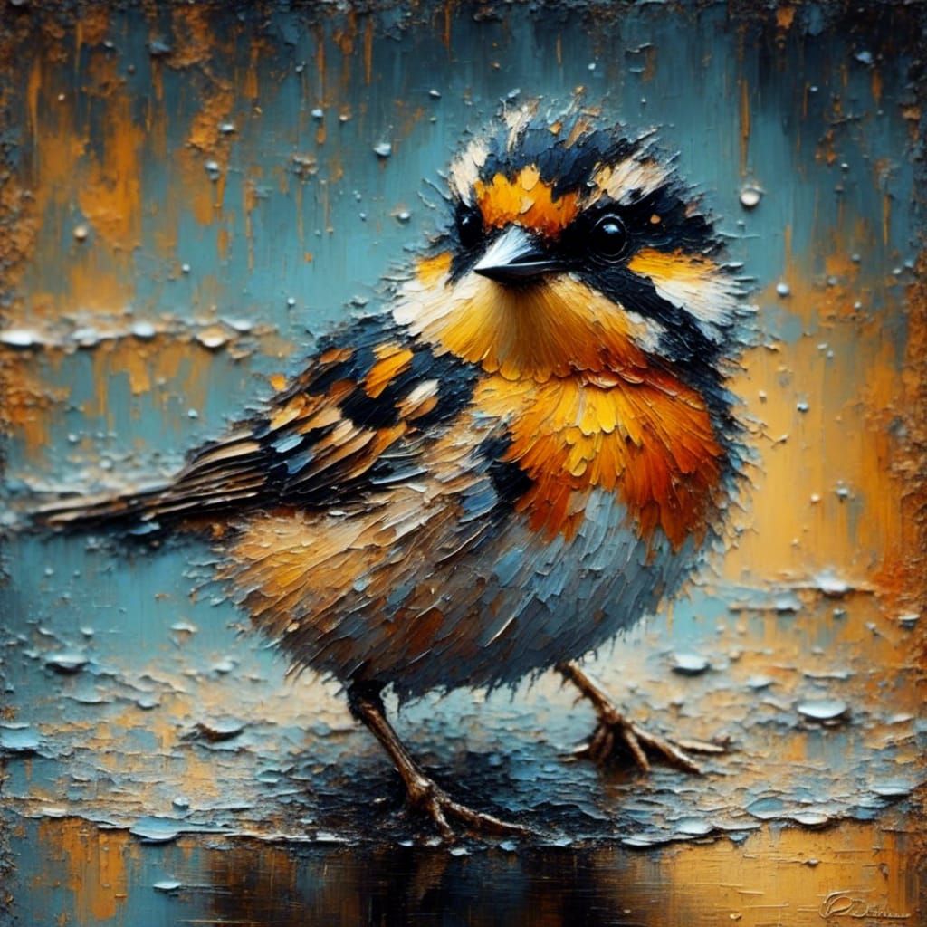 Bird in Puddle: Grungy Oil Painting Style