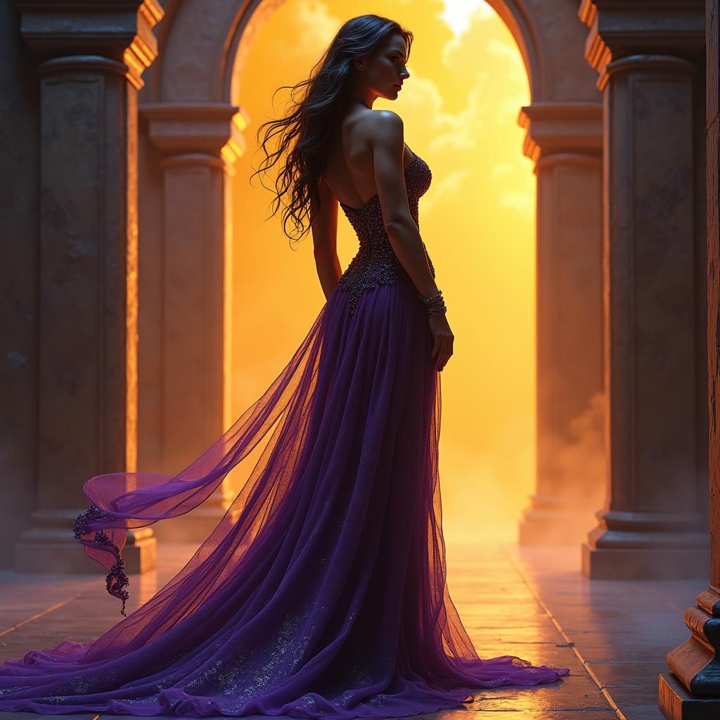 Lara Croft in Gown, Dark Sci-Fi Art Nouveau