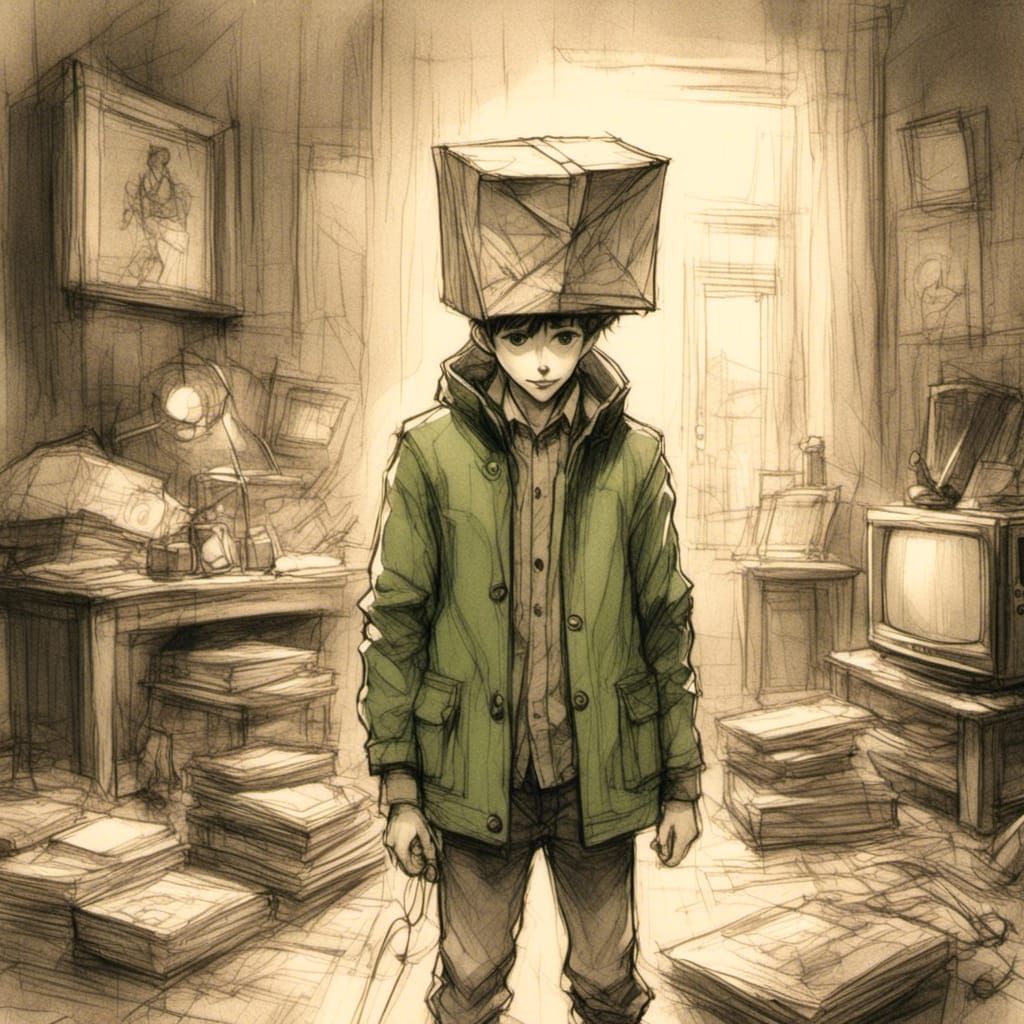 Boy with Paper Bag and TV in Anime Style