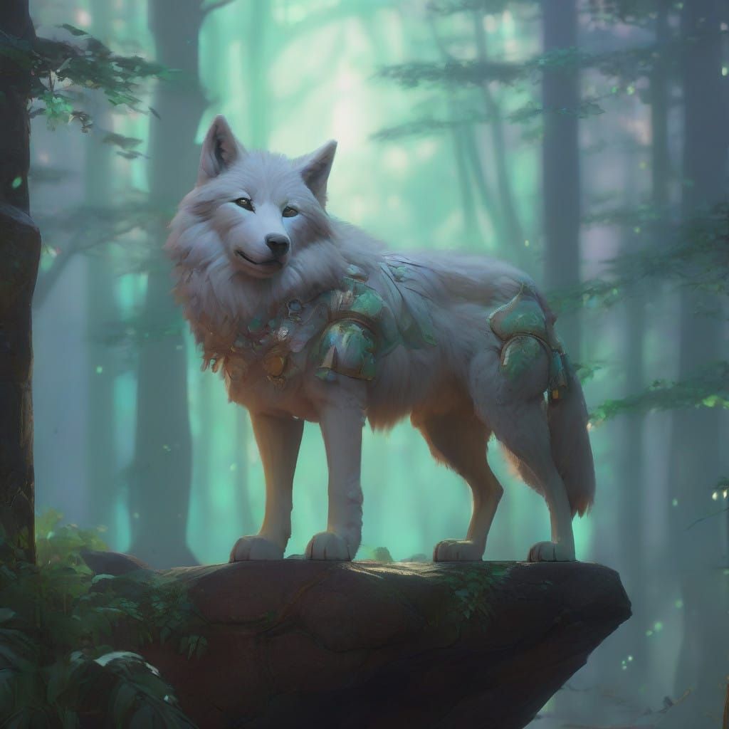 Regal Wolf in Celtic-Inspired Armor, Standing Under Full Moo...