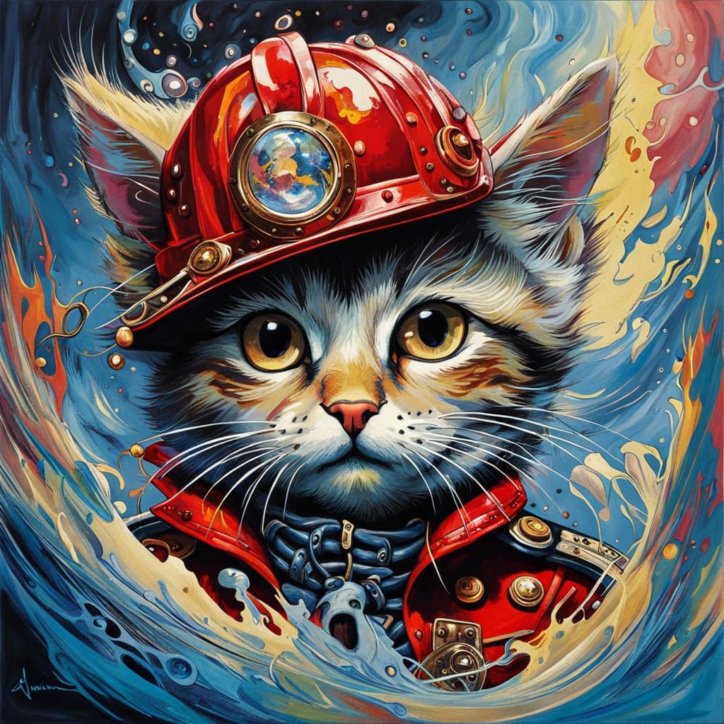 Heroic Firefighter Cat Rescuing Kitten, Detailed Painting