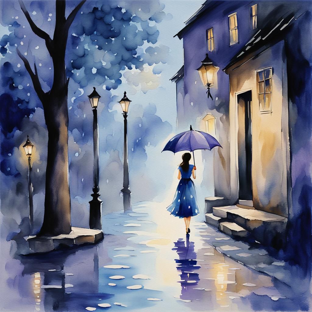 Moonlit Girl with Umbrella in Watercolor Style