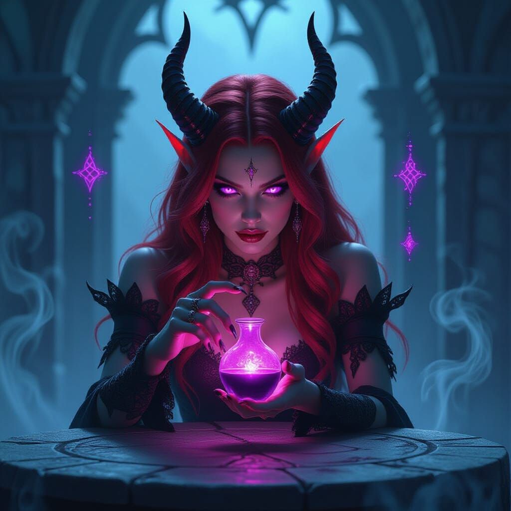 Demoness Offering Forbidden Magic Potion in Gothic Style