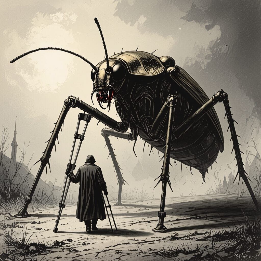 Grotesque Insect Ambling with Crutches: Gothic Horror