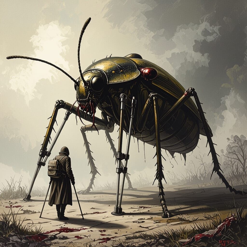 Giant Insect Walking with Crutches: Gothic Horror Art