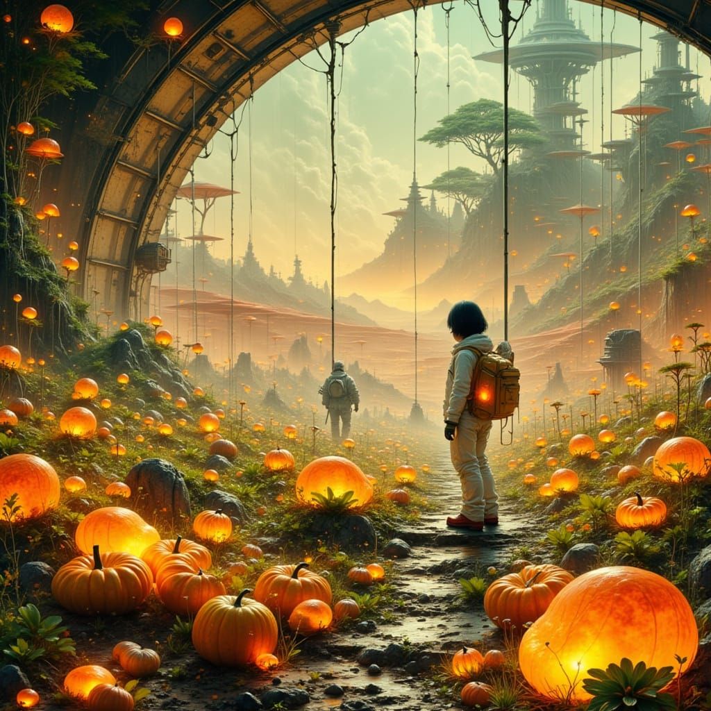 Child Tending Luminous Pumpkins in Mars Bio-Dome