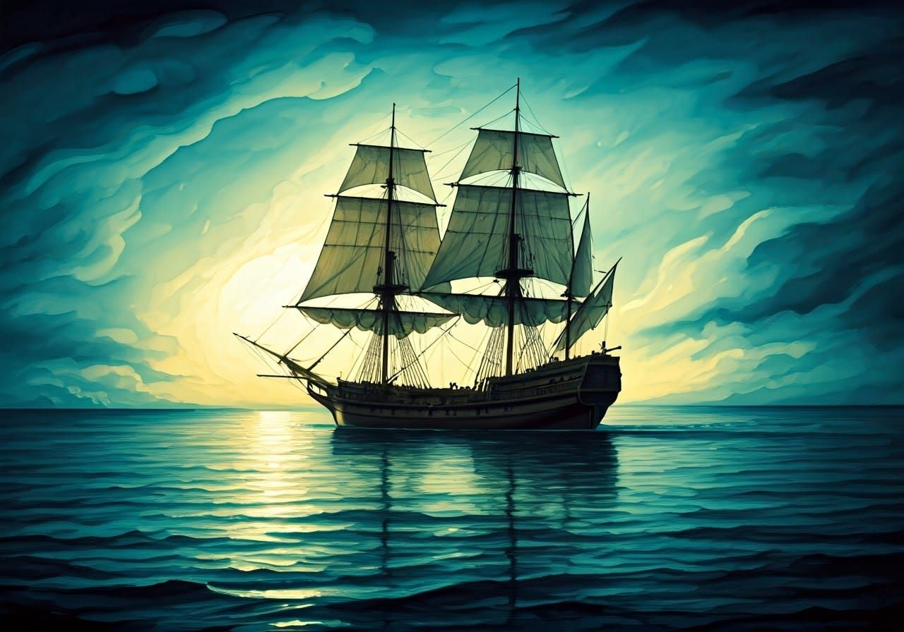 Pirates Battle a Galleon in a Dramatic Nighttime Scene, in a...