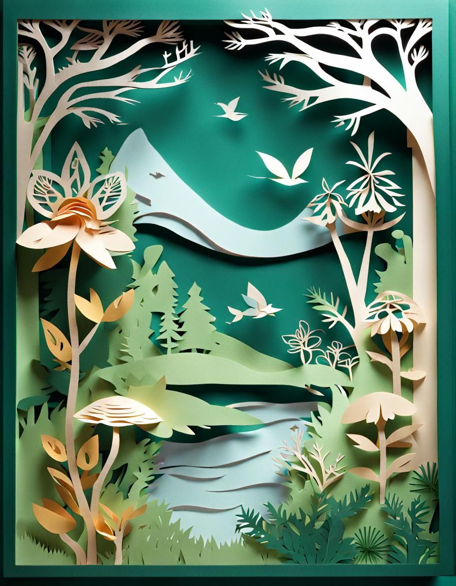 Paper-cut illustrations for a fairy tale children's book using layers, shadows flower and botanical designs to enhance s...