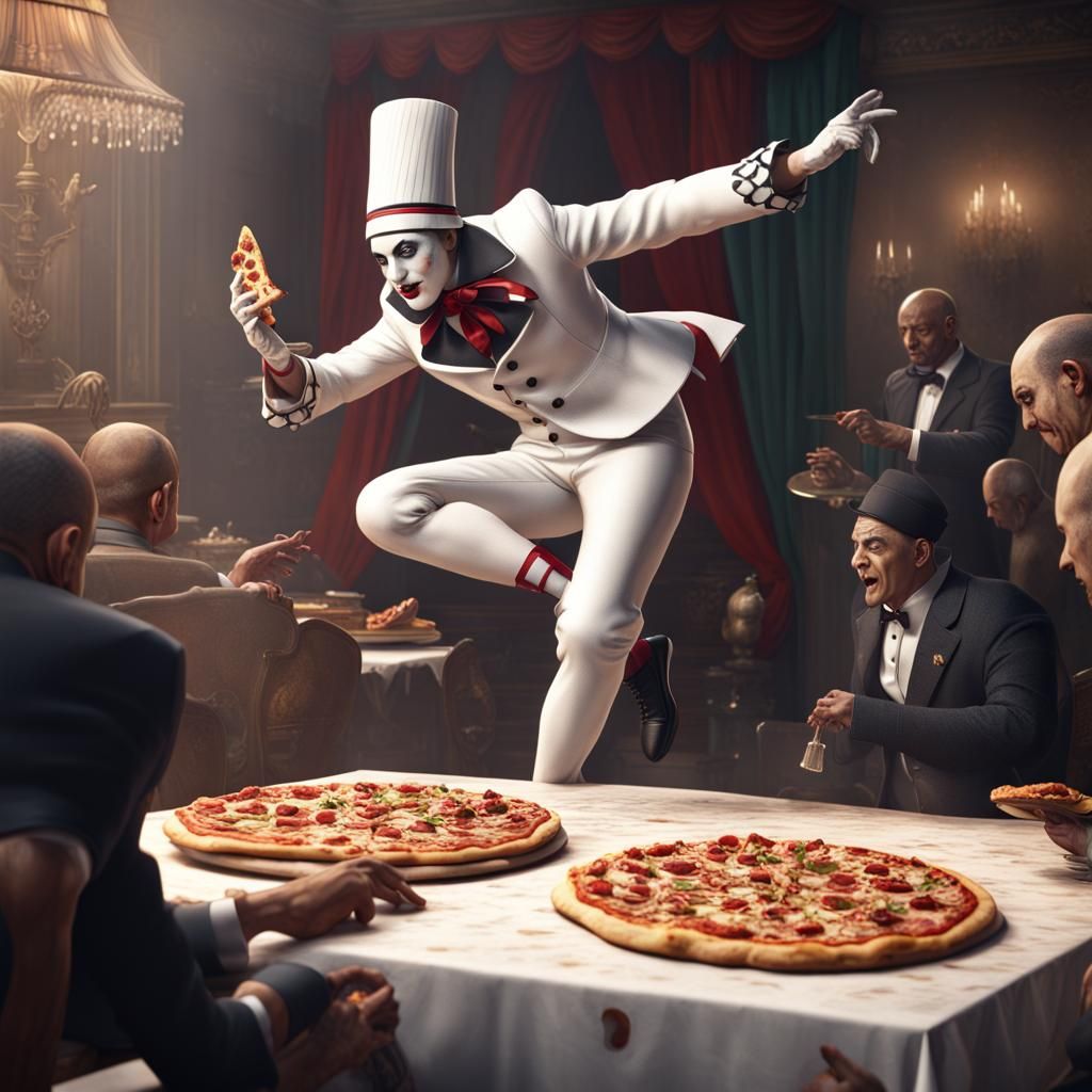 Pierrot Defeats Mobsters with Pizza, Fantasy Art