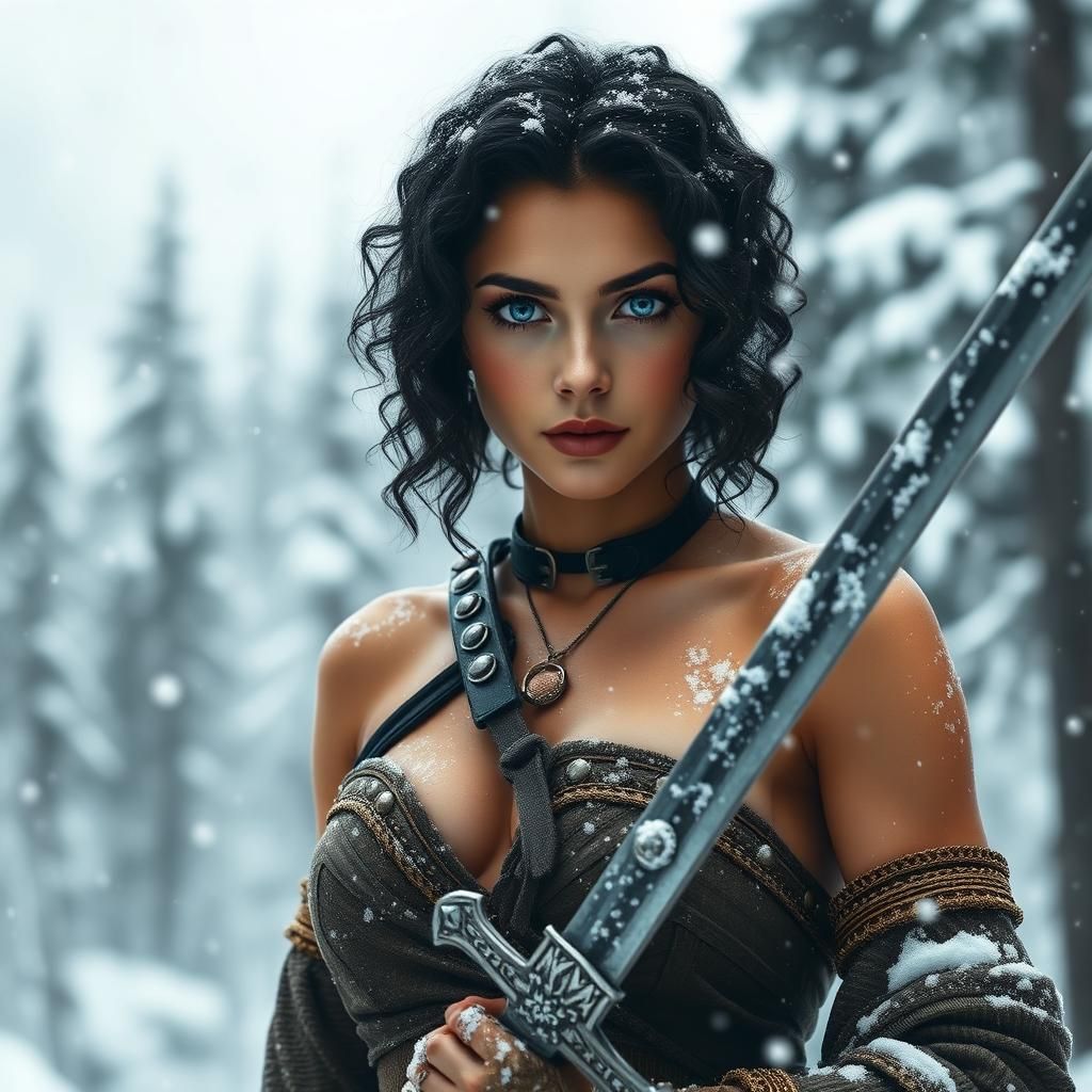 Barbarian Woman with Claymore in Snowy Forest