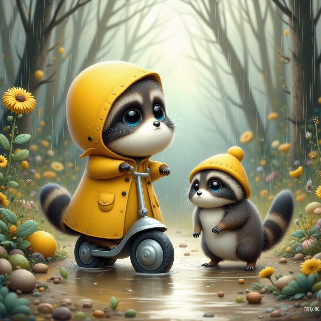 Whimsical Raccoons Play in Rain on Forest Floor