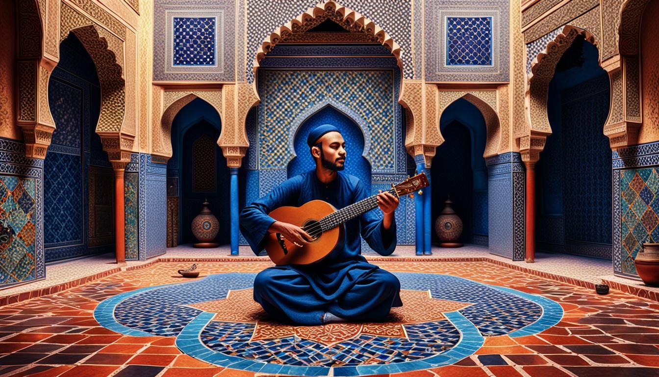 Authentic Moroccan Musician Perfoms in a Vibrant Geometric C...