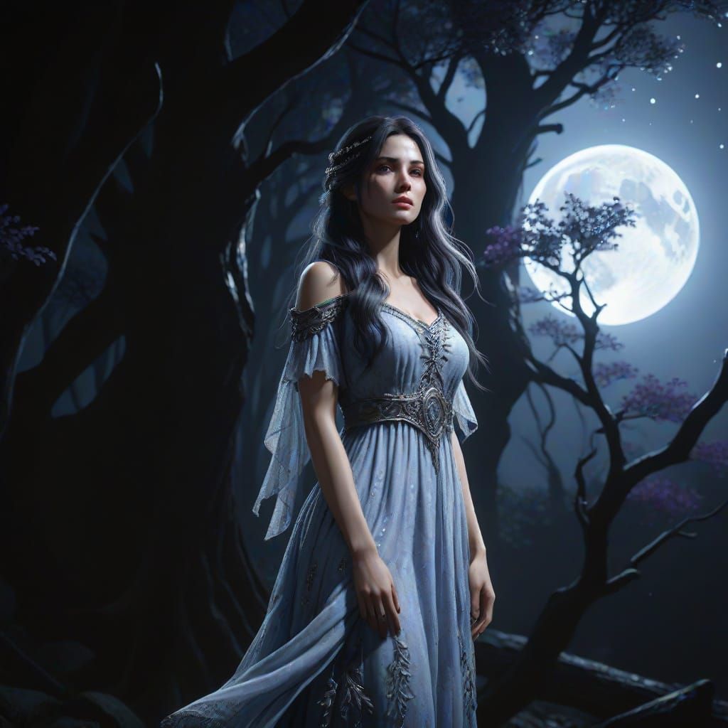 Dark Fantasy Woman in Moonlight: Hyper-Realistic 3D Render