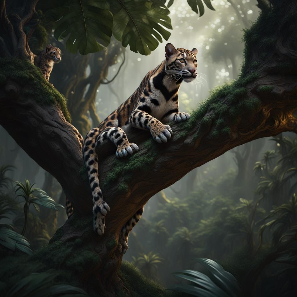 Clouded Leopard in Jungle, Detailed Matte Painting
