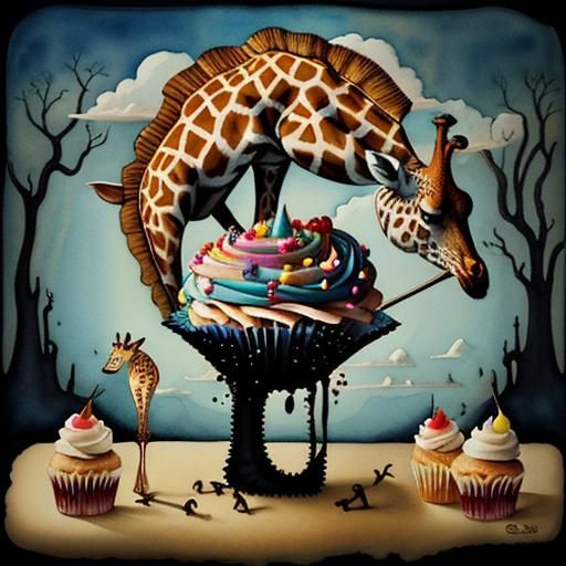 Surreal Giraffe Eats Cupcakes: Dali-esque Watercolor