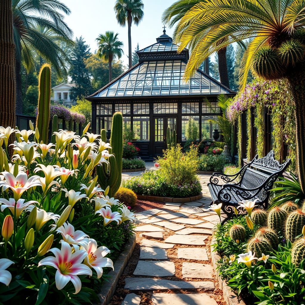 A lush Victorian-era botanical garden unfolds in exquisite detail, showcasing a harmonious blend of exotic and ornamenta...