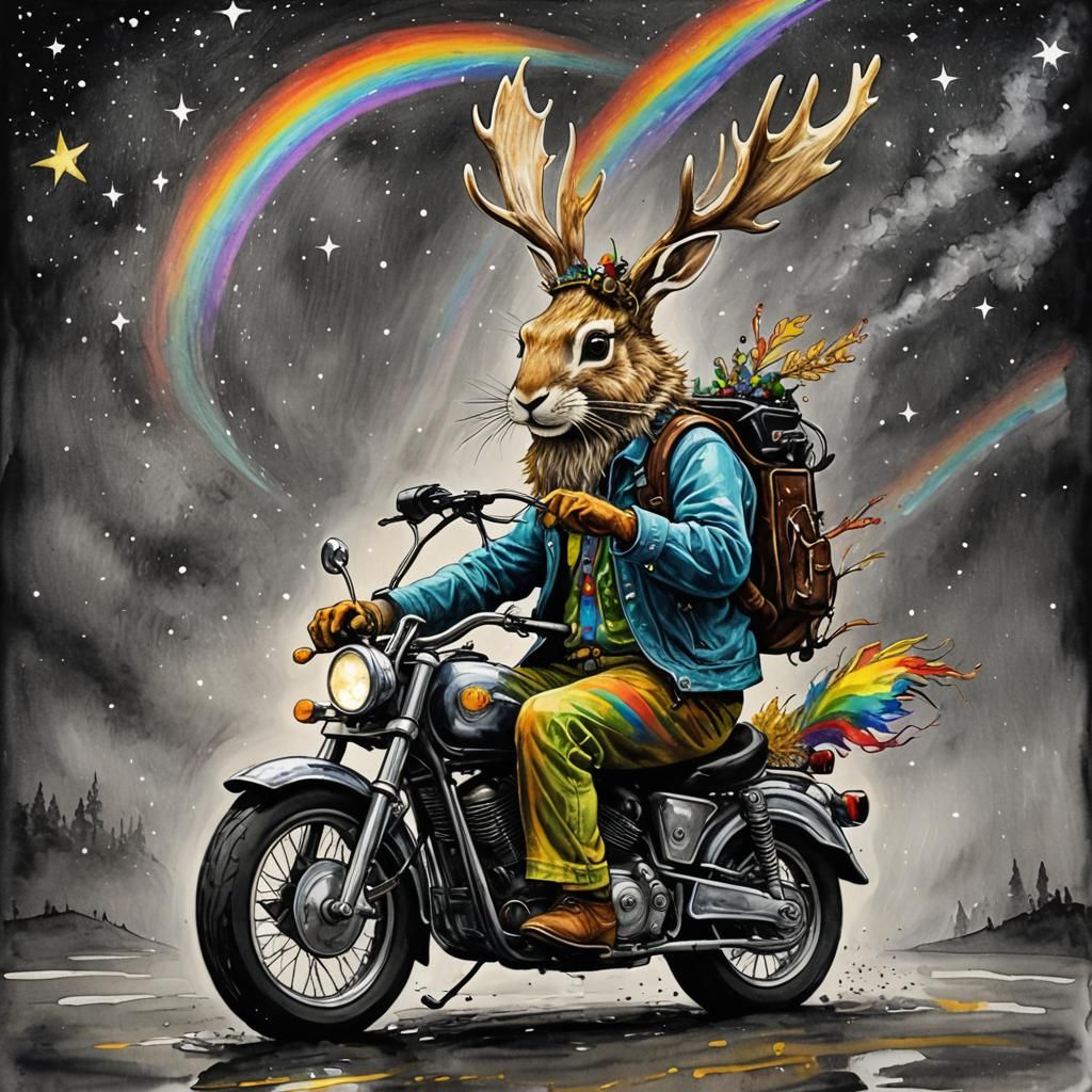 Jackalope God on Motorcycle, Watercolor and Ink