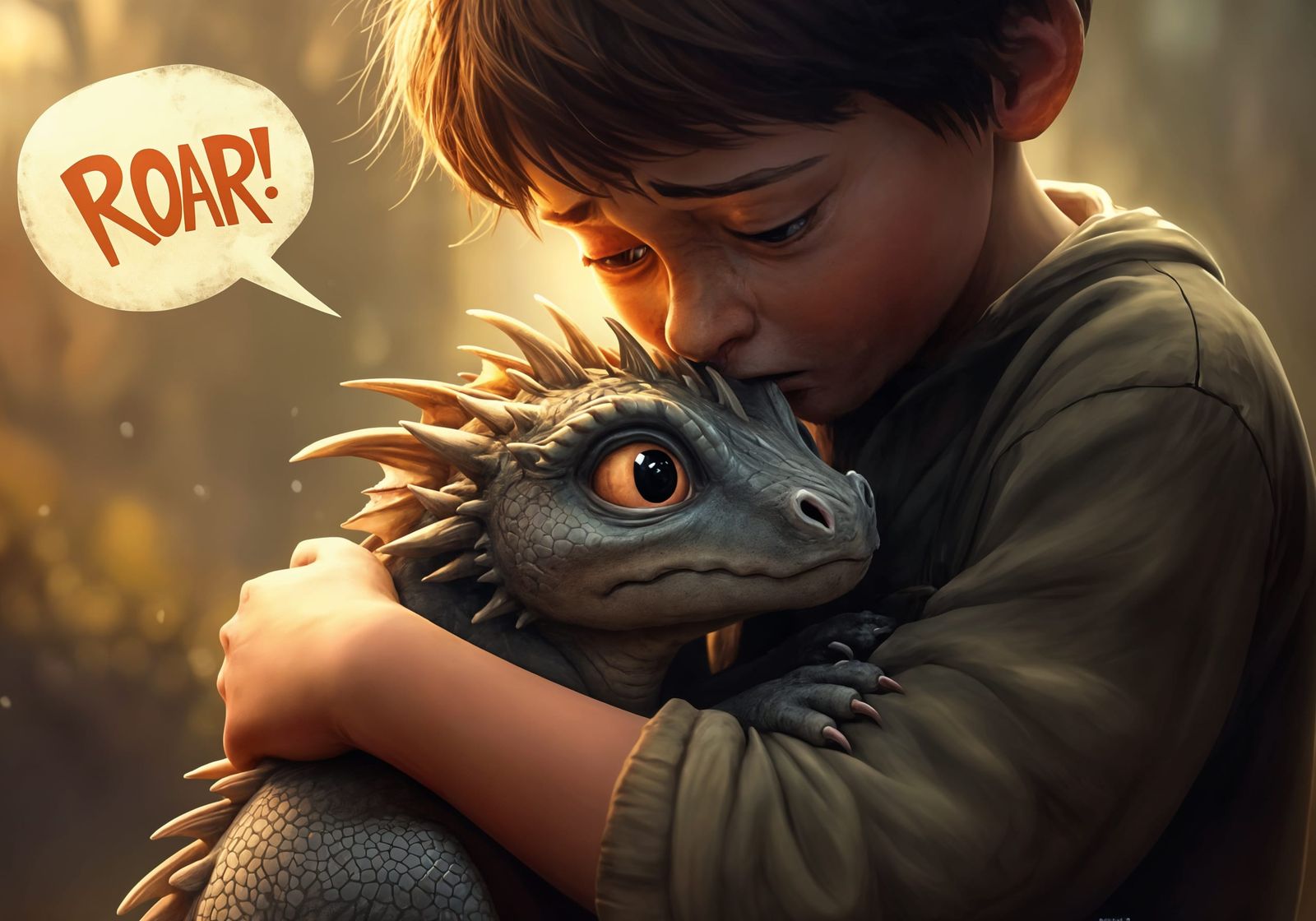 Boy Comforts Afraid Baby Dragon: Professional Photography