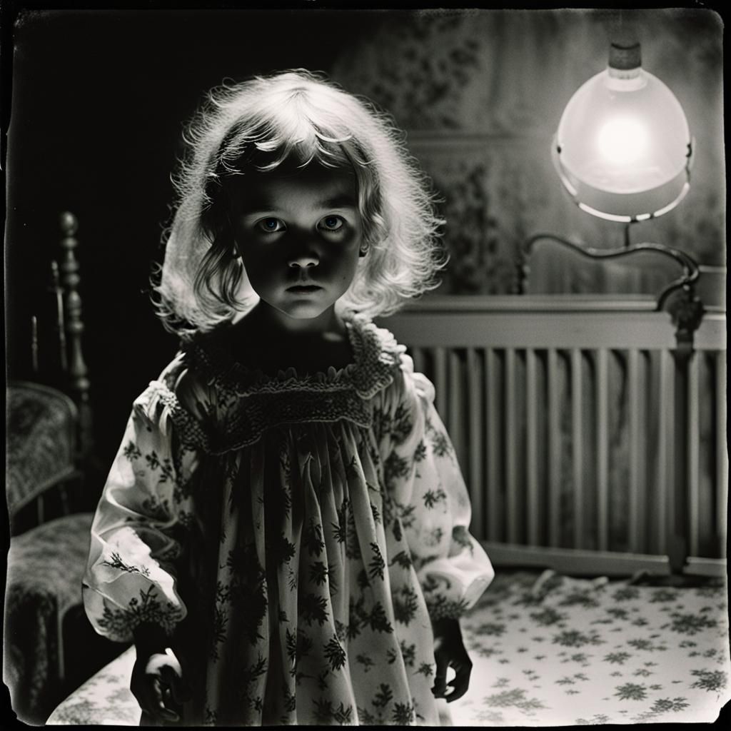 Eerie Child in High-Contrast Horror Film Style