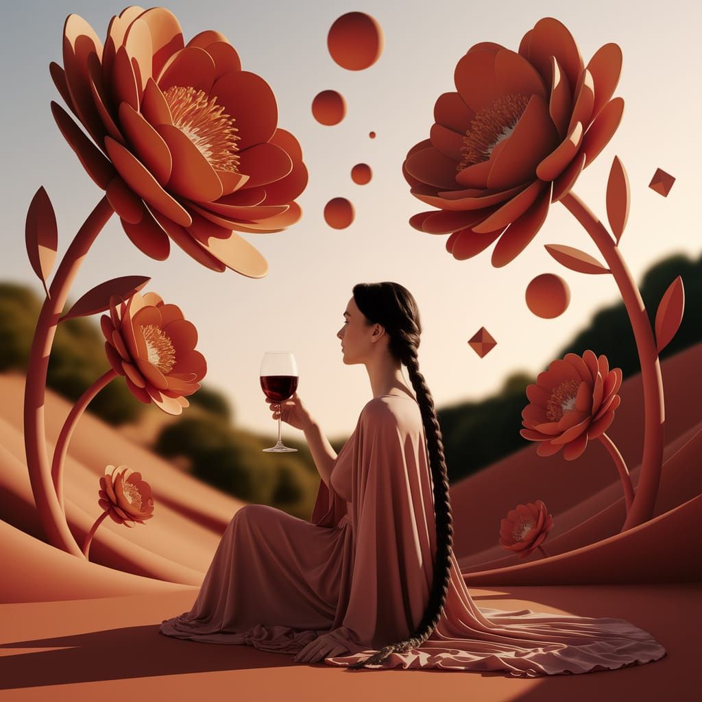 Woman in Dreamlike Landscape, Contemporary Vector Art