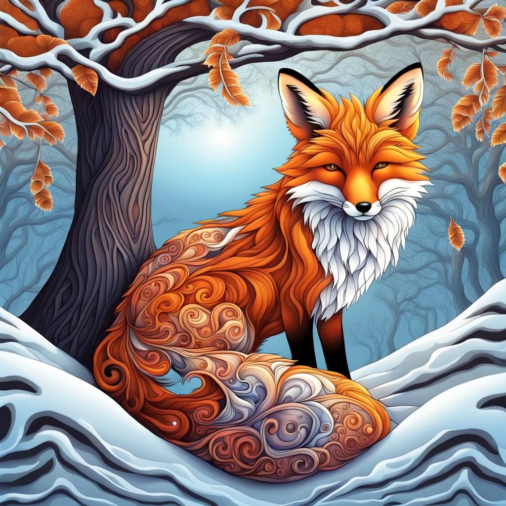 Fox Asleep Under Snowy Oak in Winter