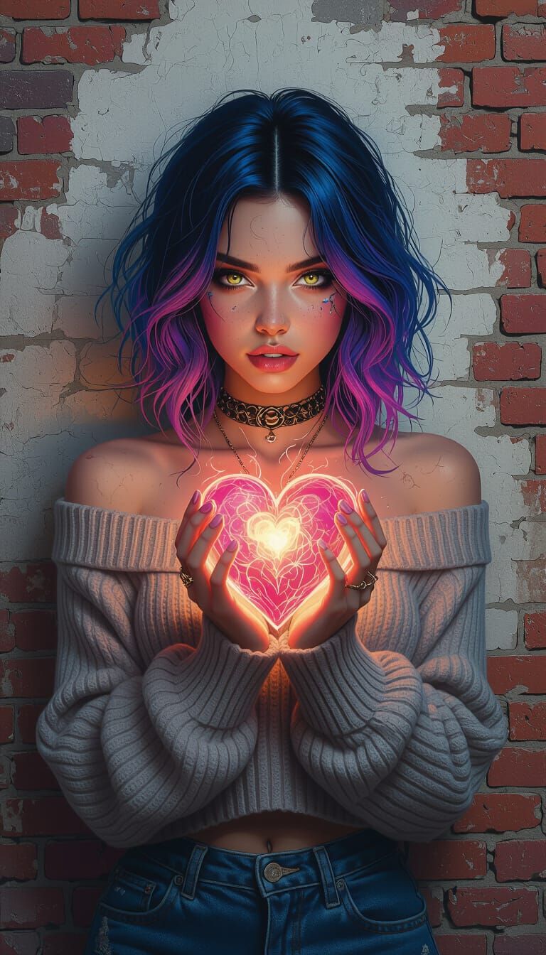 Boho Graffiti-Punk Woman with Glowing Heart