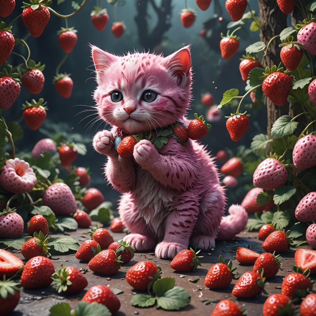 Pink Kitten Enjoys Strawberries: Detailed Matte Painting