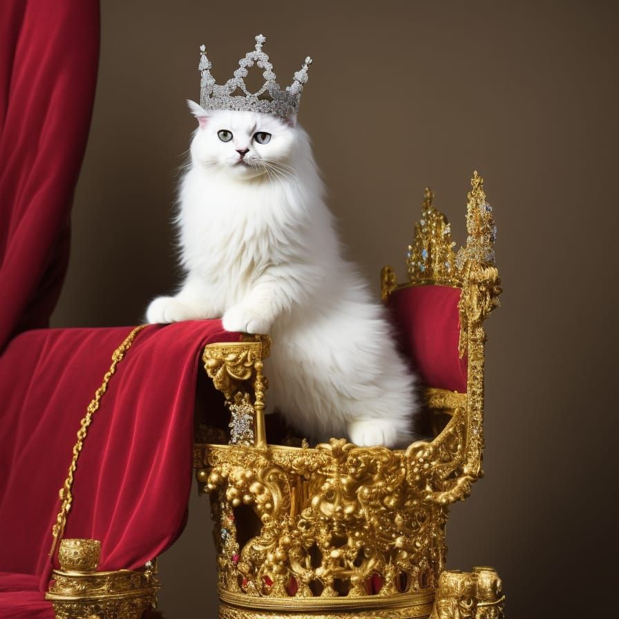 Fluffy Cat Queen on Throne: Medieval Portrait