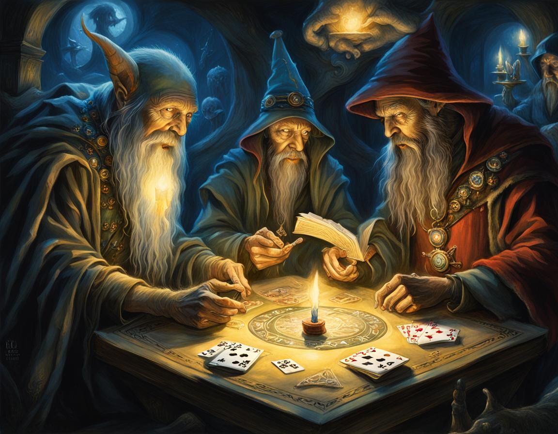 Wizards Playing Poker in Mystical Chamber
