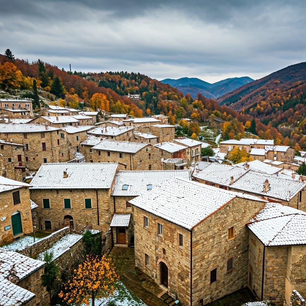 Snowy Italian Village Amidst Autumnal Trees