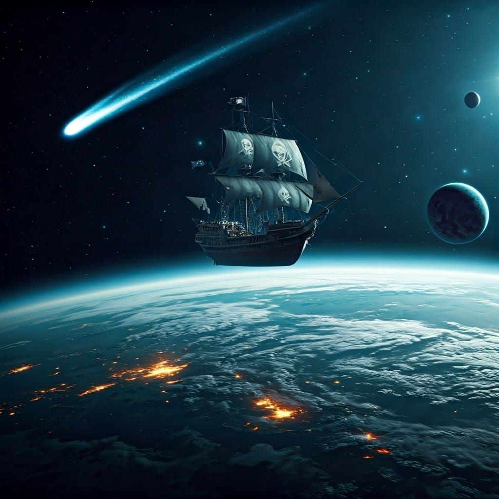 Surreal Spacefaring Pirate Ship Sails Past a Dreamlike Earth