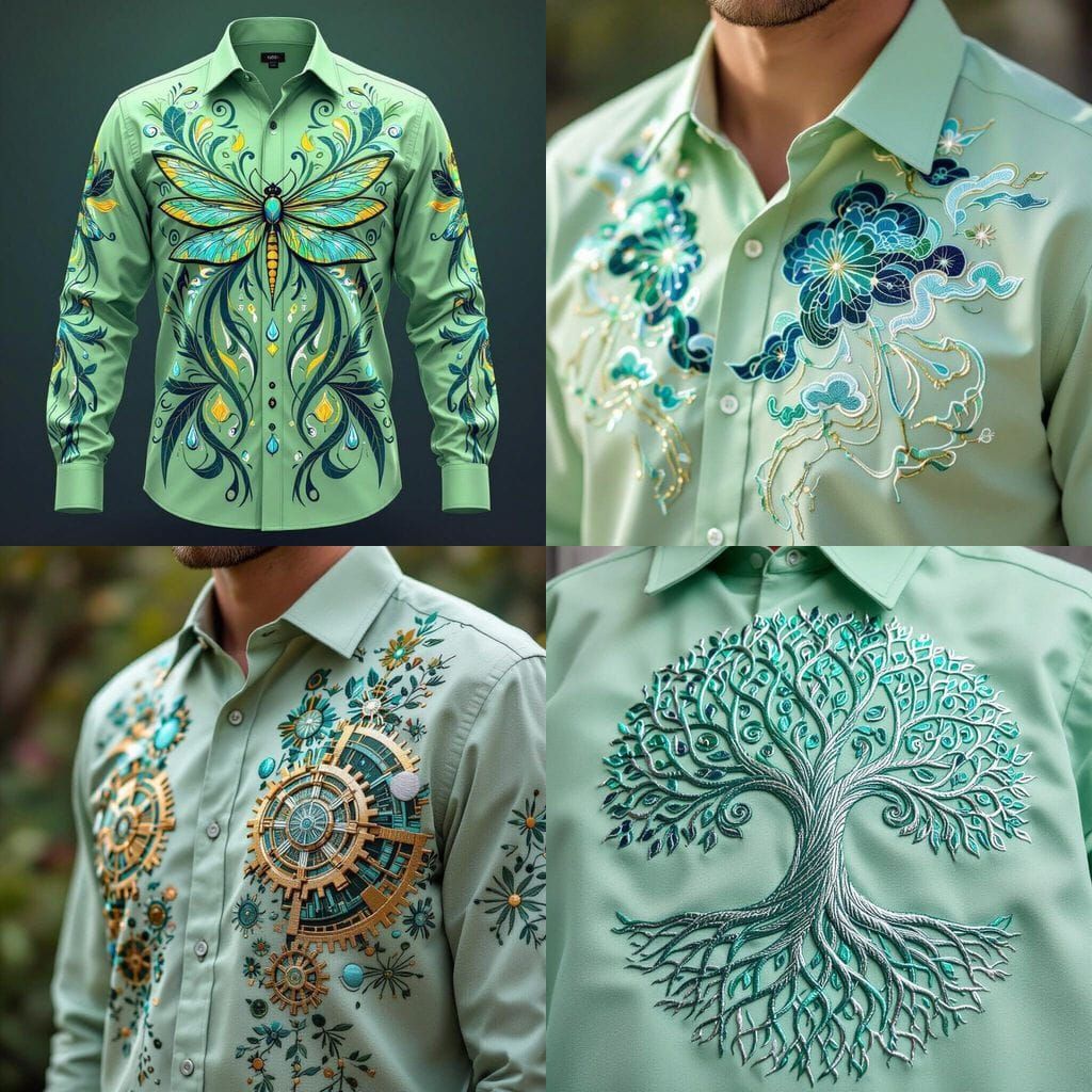 Futuristic Nature Embroidery Design for Green Shirt