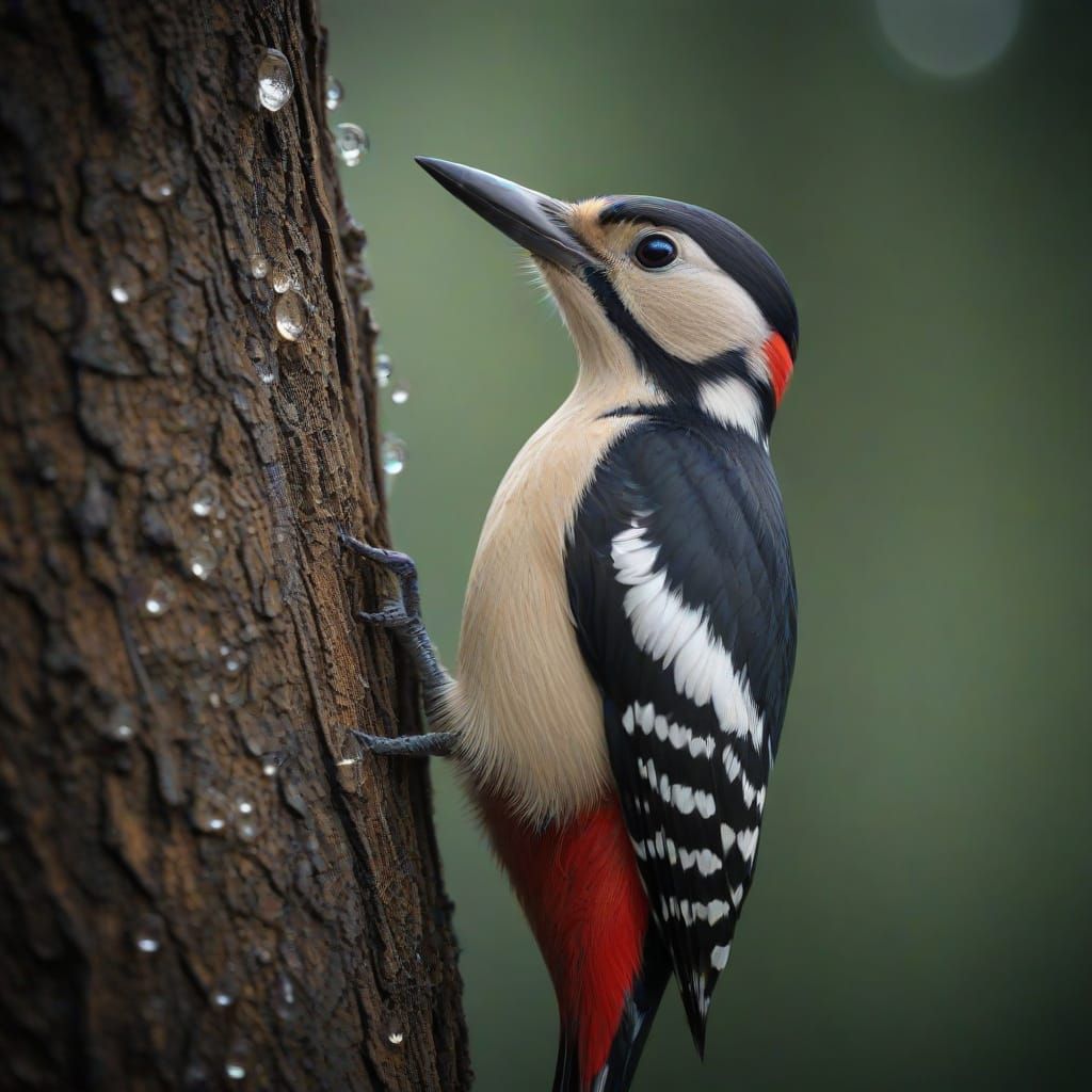 Macro Shot of Woodpecker with Dew Drops in Morning Light