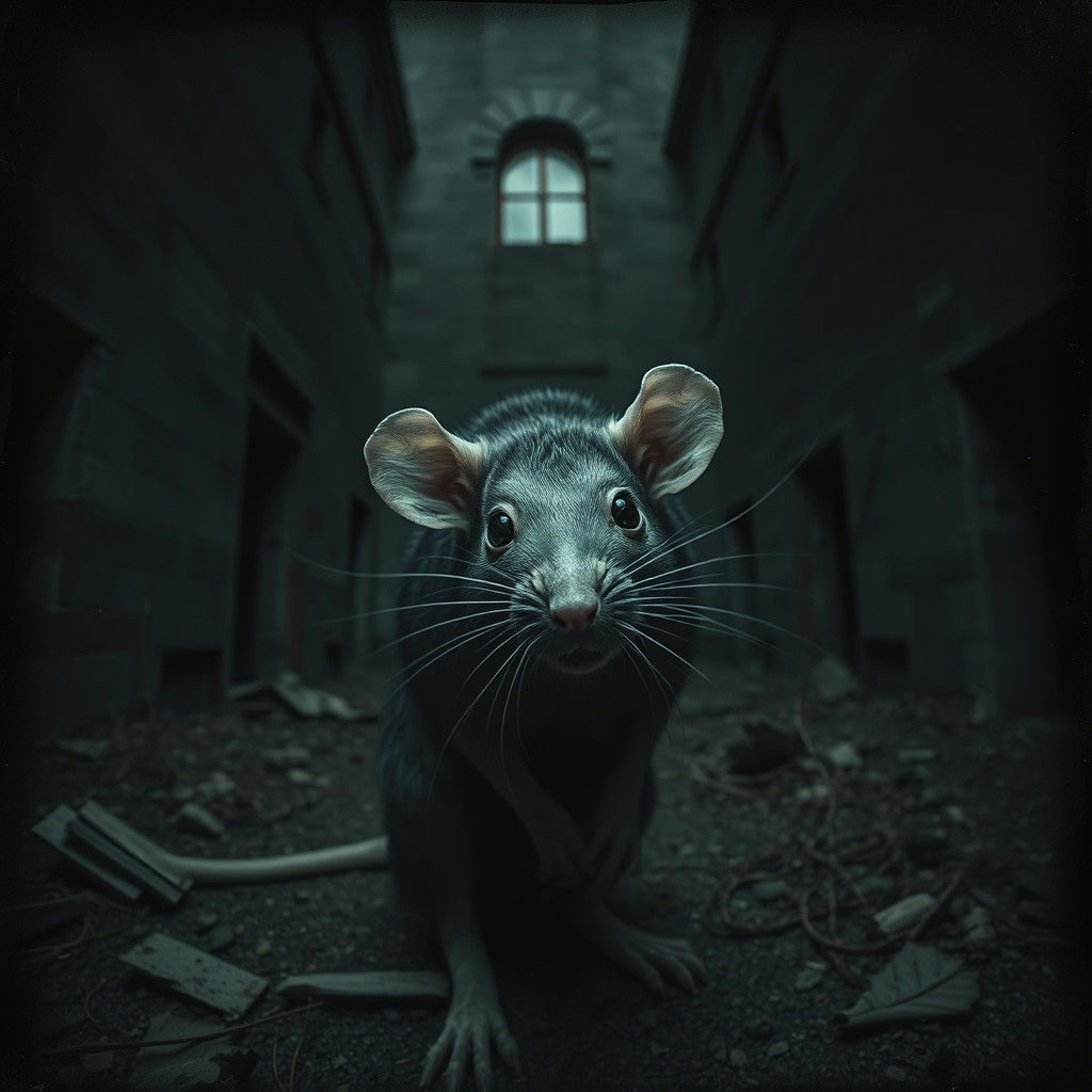 MACABRE GIANT LOOMING rat abandoned asylum distressed photo symbolism Luke Gram, Katia Chausheva