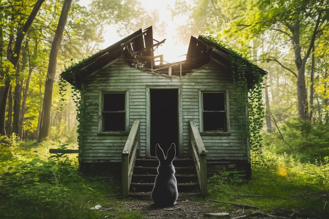 Haunting Abandoned Shack in a Sunlit Forest