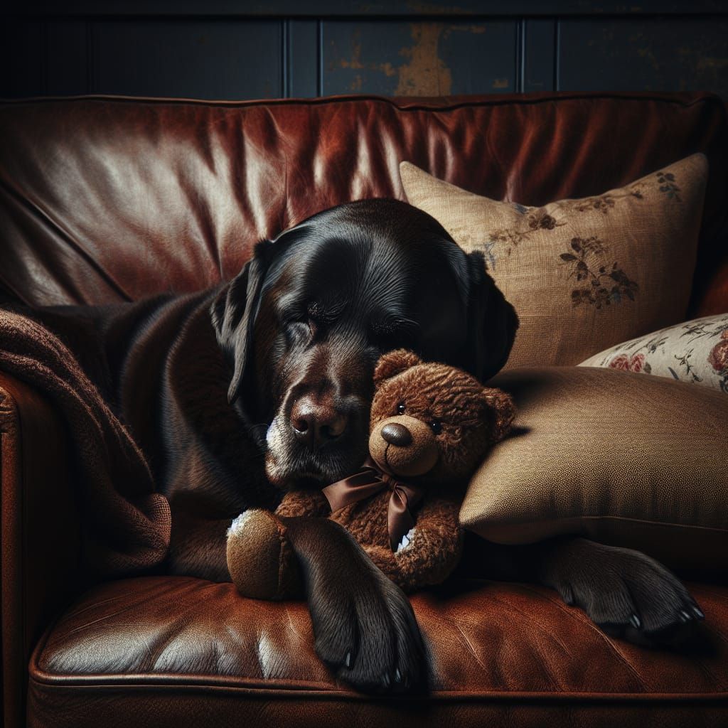 Labrador Retriever and Teddy Bear on Leather Couch