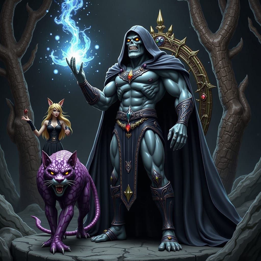 Skeletor on Bone Throne with Evil-Lyn and Panthor