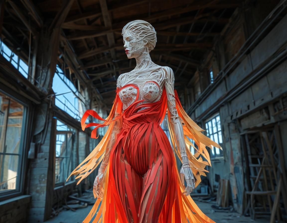 Cubist Paper Sculpture: Rainbow Woman in Amber Light