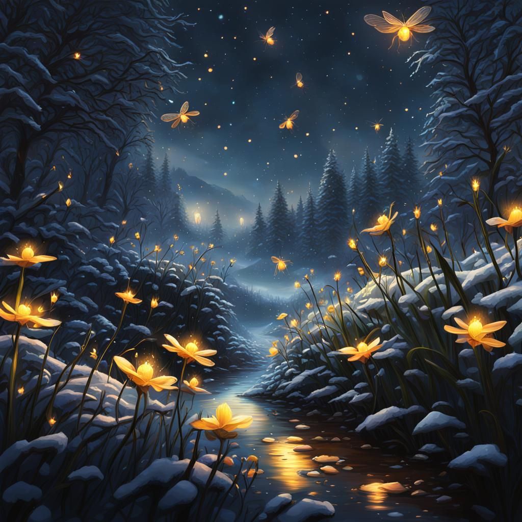 Hyperrealistic Winter Garden at Night with Fireflies