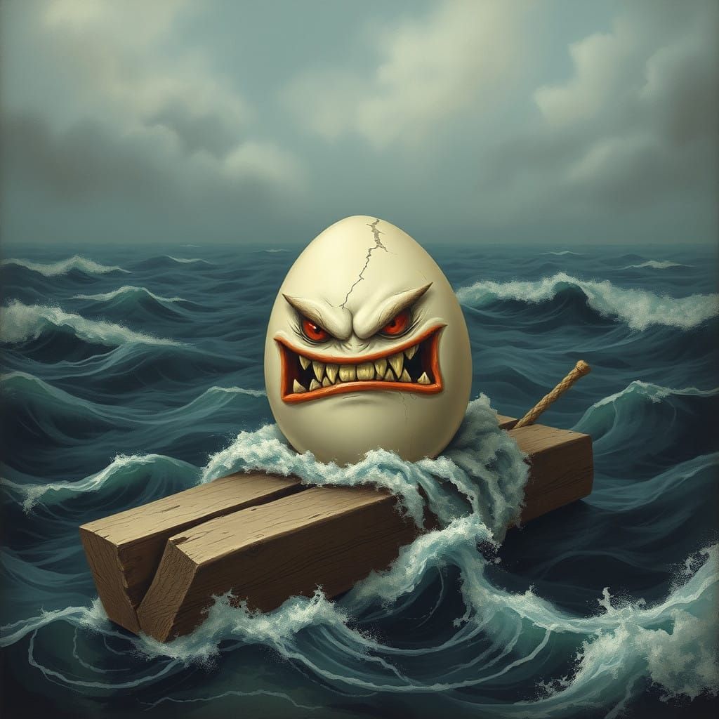 Furious Egg Confronts Turbulent Sea on Weathered Raft