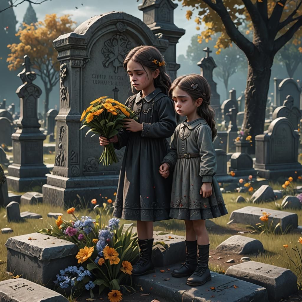 Sad Girl Crying at Grave in Cemetery